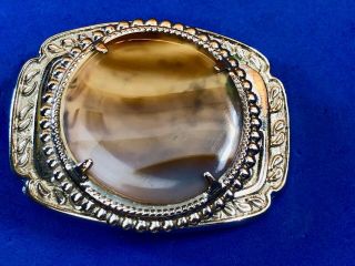 Small Real Or Faux Brown Round Stone Centerpiece On Silver Tone Belt Buckle