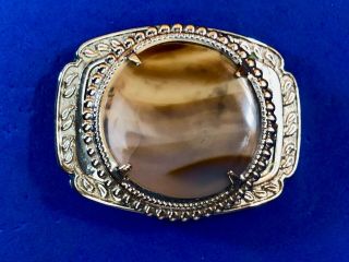 Small Real or Faux brown round stone Centerpiece on silver tone Belt Buckle 2