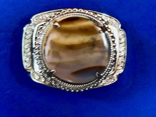 Small Real or Faux brown round stone Centerpiece on silver tone Belt Buckle 3