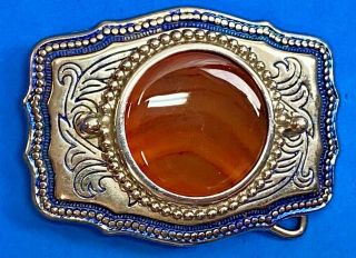 Western Round Stone (real Or Faux) Centerpiece Belt Buckle With Blue Outline