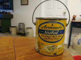 Antique Armours Veribest Peanut Butter Tin Litho Pail Can Nursery Rhyme Grocery