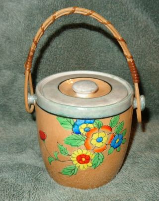 Small Vintage Old Japan Biscuit Jar With Handle Candy Floral Flower Cottage Chic