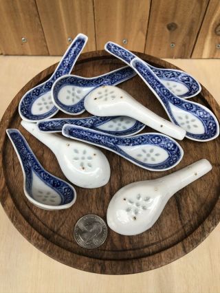 Set Of 10 Chinese “Rice Eyes” Blue And White Soup Spoon Rests,  Asian,  Oriental 3