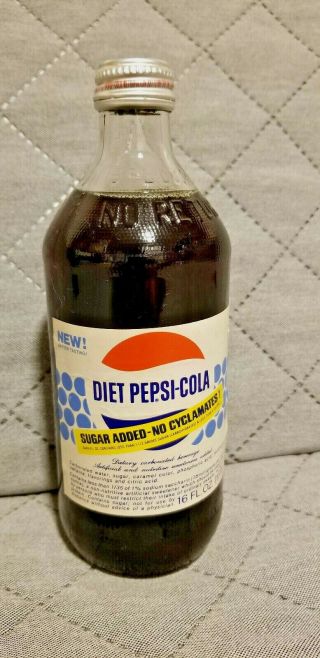 Vintage 1970 Diet Pepsi - Cola 16 Oz Glass Bottle / Never Open / Nos