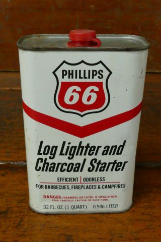 Vintage 1960s Phillips 66 Log Lighter & Charcoal Starter Fluid One Quart Oil Can