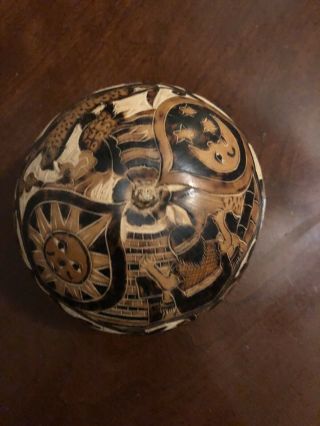 Vintage Hand Carved Peruvian Folk Art Gourd Decorative Peru South American Signd