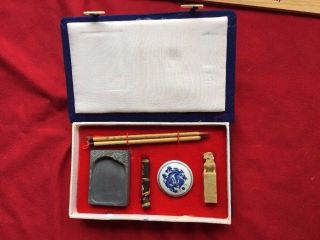 Vintage Chinese Calligraphy Brush Pen,  Ink,  Inkstone And Stone Seal Box