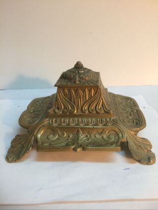 Large Vintage French Art Nouveau Brass Inkwell