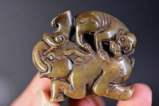 Unique Chinese Old Jade Carved Elephant/monkey Pendant B10