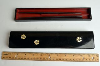 Vintage Black Lacquer Mother Of Pearl Inlay Chopstick Box Holder 3 Chopsticks