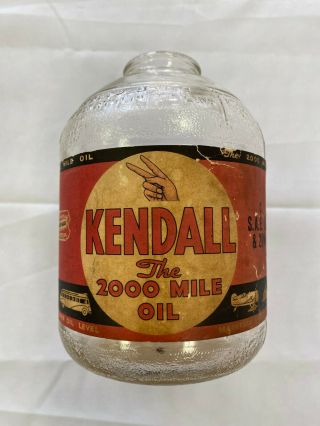 Vintage Kendall 2000 Mile Oil 1 Quart Glass Bottle Paper Label