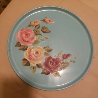 Vintage Lt.  Bluhand Painted Metal Tray With Flowers Umarked 9.  5” Round