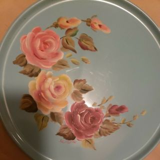 Vintage Lt.  BluHand Painted Metal Tray with Flowers UMarked 9.  5” Round 2