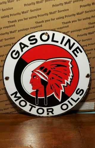 Red Indian Gasoline Porcelain Sign Vilas Enamel Co Vintage Chief Gas Pump Plate