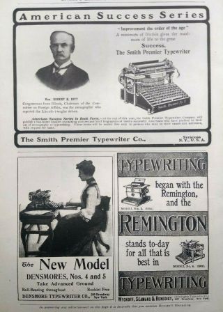 1902 Antique Typewriter Art Smith Premier Densmores Remington Vintage Print Ad