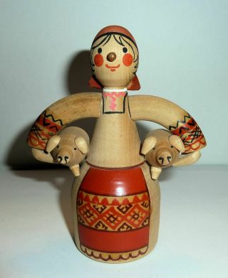 Russian Wooden Girl Figure Carrying 2 Pigs