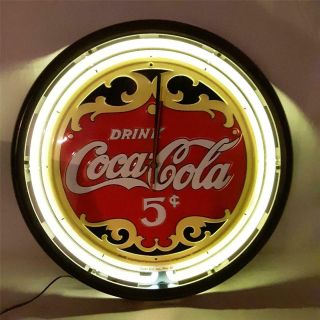 Drink Coca - Cola 5 Cents White Neon Cursive Logo 16 " Clock Never Run Coke