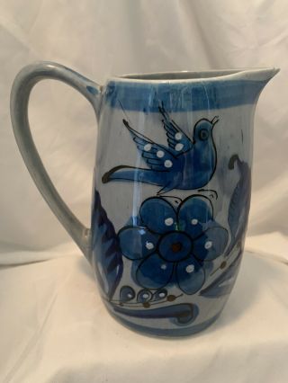 Tonala Pottery Small Pitcher Blue Birds Butterfly Flowers Blue Gray Mexico