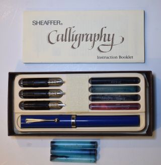 Vintage 1985 Sheaffer Fountain Pen Calligraphy Set With 3 Nibs Case Instructions