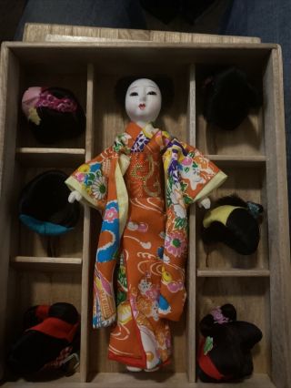 Vintage Hanako Japanese Geisha Doll With 6 Wigs and Box 2