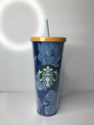 Starbucks Tumbler Cold Cup Blue Floral Cactus Flower Yellow Lid 24oz Summer