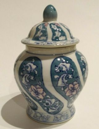 Vintage Chinese White Blue With Pink Flowers Ceramic Ginger Jar