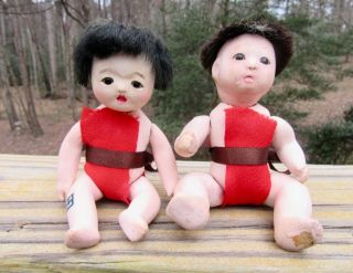 2 Old Japanese Ichimatsu Gofun Boy Baby Dolls Glass Eyes Vintage Oriental Asian