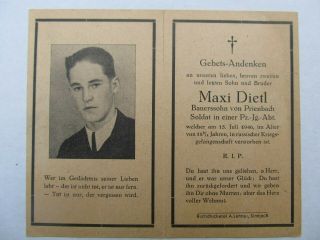 2 Page Wwii German Death Card,  17 Year Old Panzer Soldier,  Russian Pow,  Dietl
