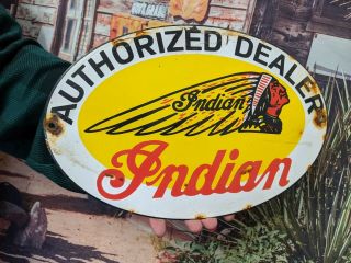 Old Vintage Oval Indian Authorized Dealer Metal Porcelain Enamelgas & Oil Sign