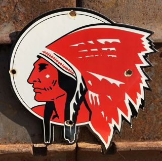 Vintage Porcelain Red Indian Head Die Cut Gas And Oil Sign