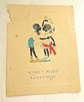 Vintage Christmas Card Black African American Couple Kissing Under Miseltoe