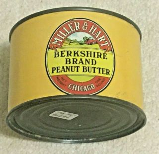 Vintage Berkshire Brand Peanut Butter Can Container,  1 Lb,  Miller & Hart,  Chicago