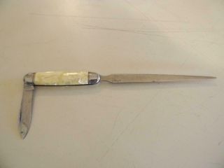 Lk Co Vintage Letter Opener With Folding Knife Celluloid Mother Of Pearl Handle