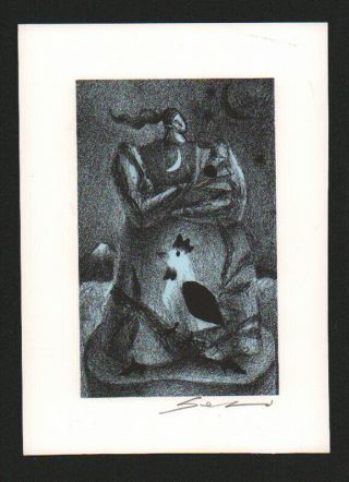 Masaharu Seki Japanese Etching Print Woman At Night With A Rooster
