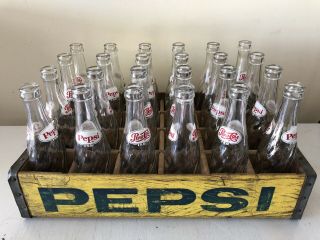 Vintage 1960’s Pepsi Cola Wooden Yellow Soda Pop Crate W/ 24 Matching Bottles