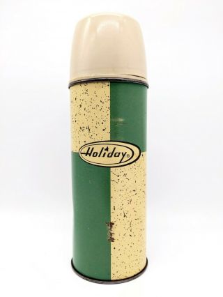 Vtg 9 - 3/4 " Holiday Service Gas Station Coffee Thermos W Tan Cup Green Speckled