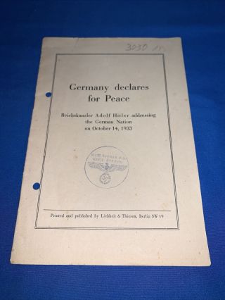 Germany Declares For Peace Booklet Adolf Hitler Addressing German Nation 1933
