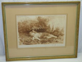 Antique 1889 Framed Frederick M Spiegle Signed Etching Cupid & Fairies Whimsical