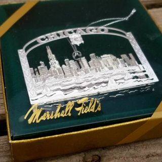 Box Nos Vtg Marshall Fields Silver Lasercut 3d Chicago Skyline Xmas Ornament