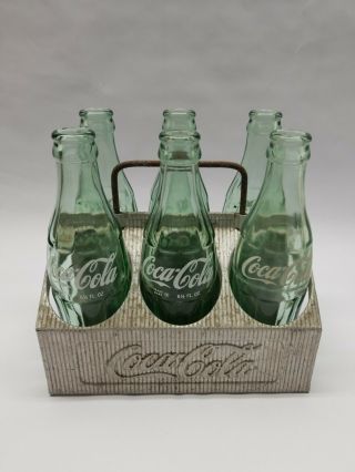Vintage Coca - Cola Metal 6 Pack Carrying Aluminum Case W/6 1950 - 60s Glass Bottles