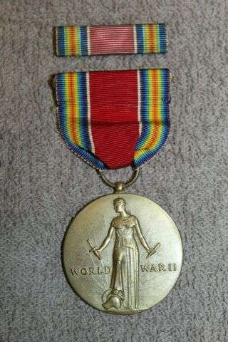 Ww2 U.  S.  Military Victory Medal W/full Ribbon (pb) & Ribbon Bar,  Vg