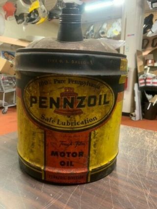 Vintage Metal Gas Oil Can 5 Gallon Pa Collectible Caps Wood Handle Graphics