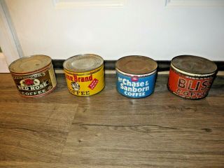 4 Vintage 1 Lb Coffee Tin Metal Cans Empty Bliss Red Rose Home Brand Chase Lids