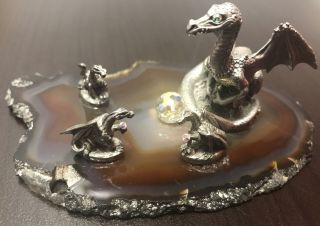 Vtg Rare Partha Pewter Mother Dragon With Baby Dragons On Geode
