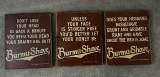 Three Vintage Wood Burma Shave Signs - Each Different - Mounted 13.  5” X 11” X 1”