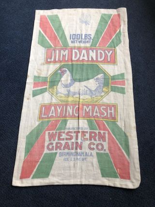 Vintage Jim Dandy Laying Mash Western Grain Bag Cloth Far Feed Seed Chicken