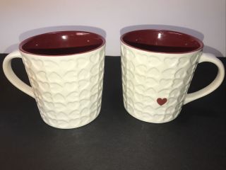 (2) A Pair Starbucks Coffee Mug Embossed Red Heart 2007 16oz.  Valentine Love Lge