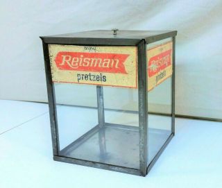 Vintage Reisman Pretzels Store Display Lidded Tin Box 4 Glass Sides Advertising