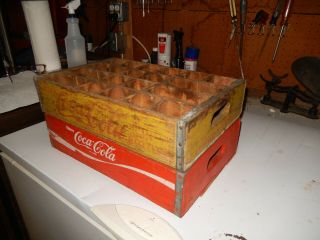 1 Red Wooden Wood Coca - Cola Coke Soda Crate And 1 Yellow 24 Pack Bottles