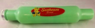 Jadite Green Glass Young Blonde Girl Eats Sunbeam Bread Dough Roller Rolling Pin